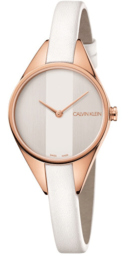 Calvin Klein Rise watch with rose gold case, white mother of pearl dial, and white leather strap