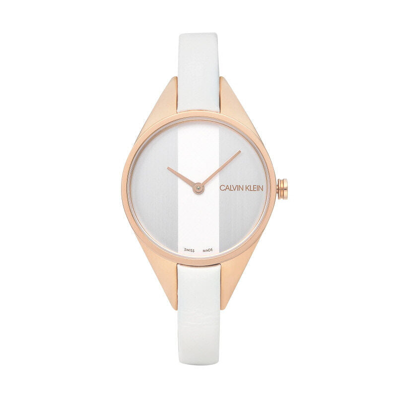 Calvin Klein Rise ladies watch with white mother of pearl dial and rose gold case