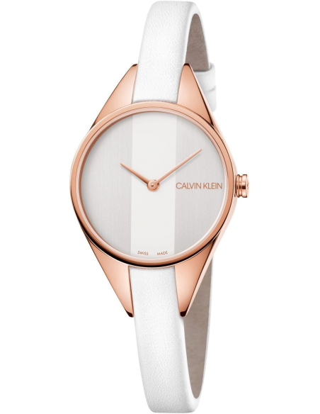 Calvin Klein Rise ladies watch with white dial and white leather strap, front view