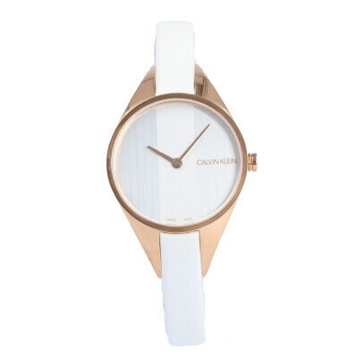 Calvin Klein Rise watch worn on wrist with white leather strap