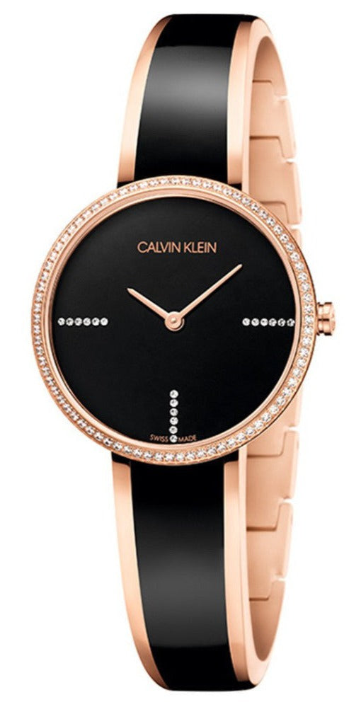 Calvin Klein Seduce ladies watch with black dial, crystal bezel, rose gold case and black leather strap