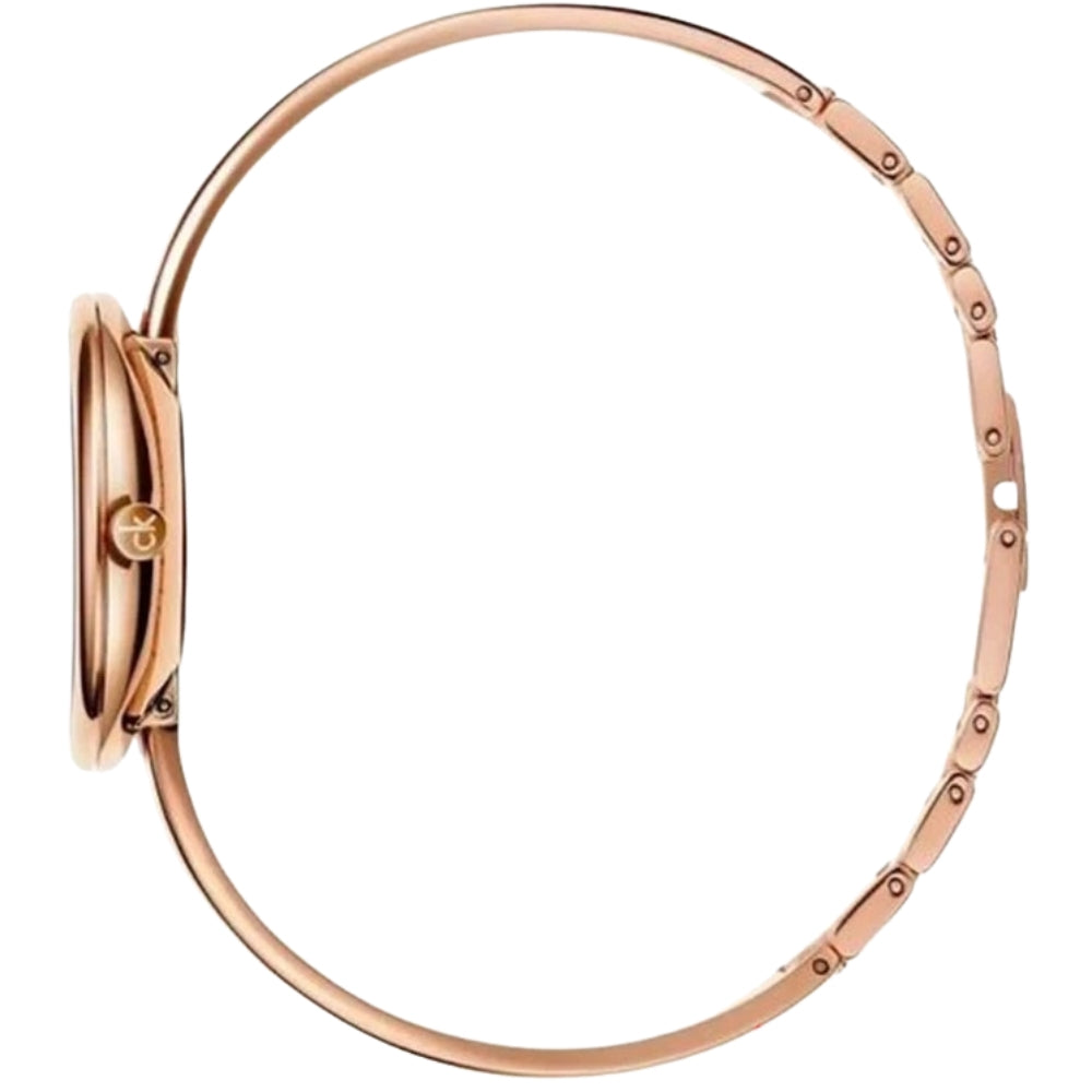 Side profile of Calvin Klein Seduce watch bracelet and case in rose gold