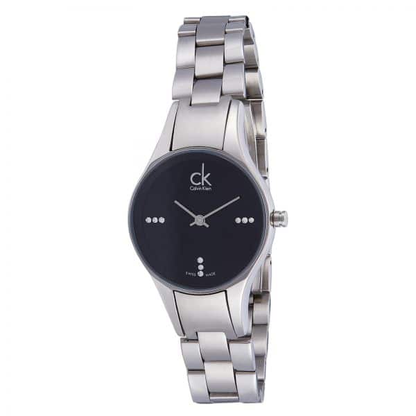 Angled view of Calvin Klein Simplicity watch with black dial and diamond accents on silver strap