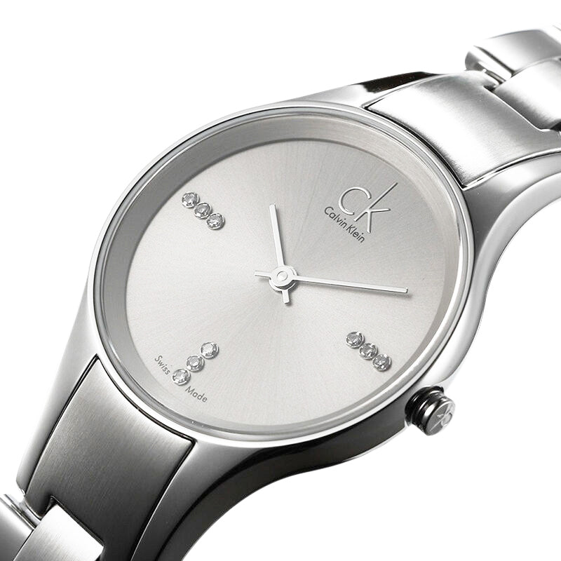 Calvin Klein Simplicity ladies watch on angled view showing dial and bracelet