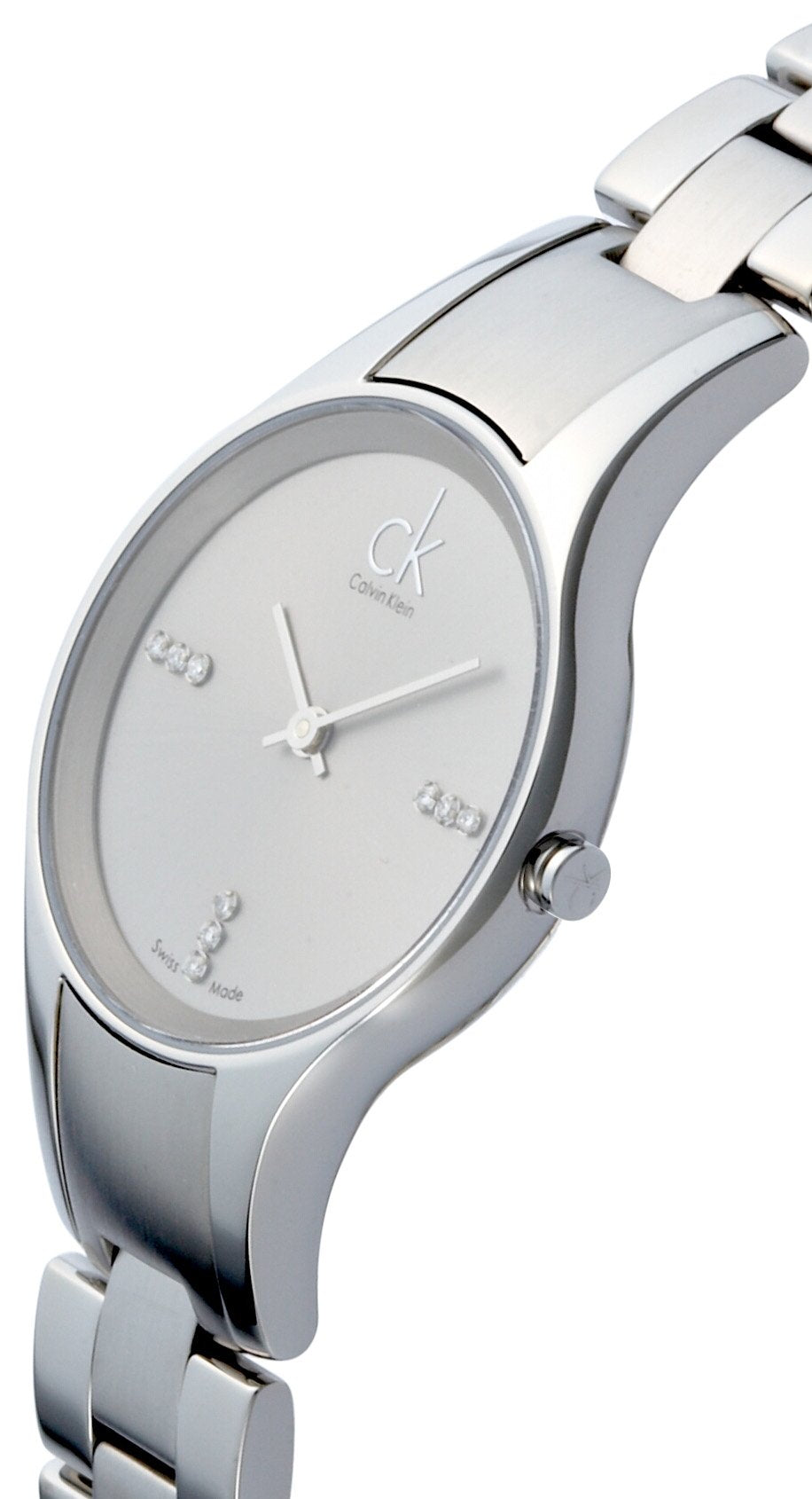 Side angle view of Calvin Klein Simplicity watch with stainless steel case and bracelet