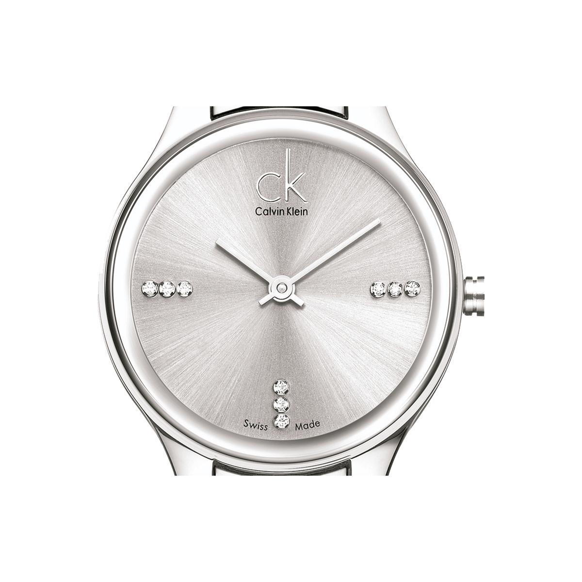 Calvin Klein Simplicity dial close-up with crystal markers at 12, 3, 6, and 9 positions