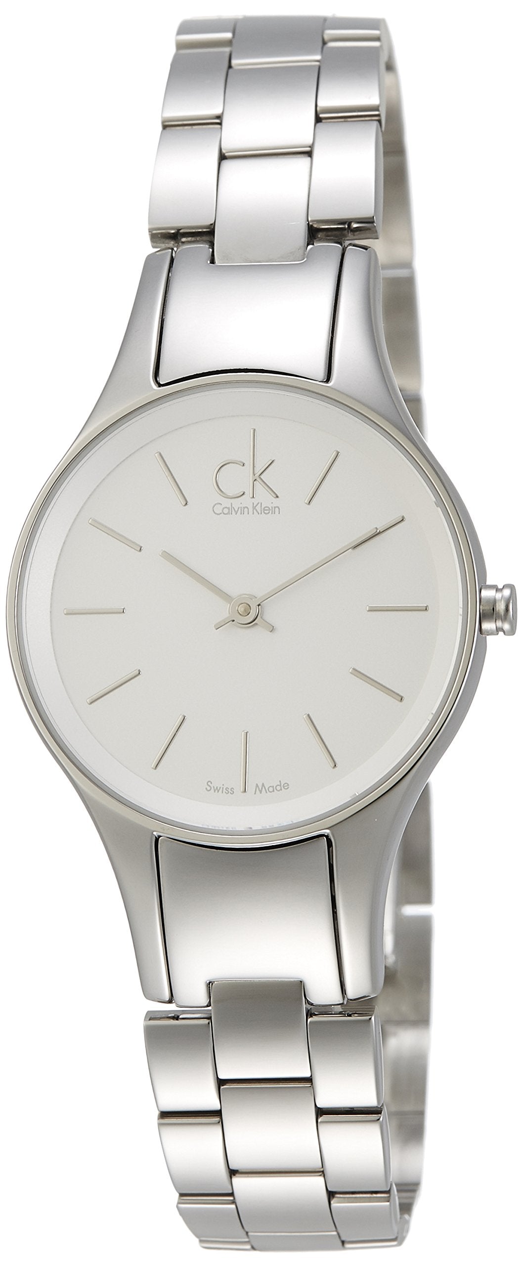 Side angle view of Calvin Klein Simplicity watch showing silver steel bracelet