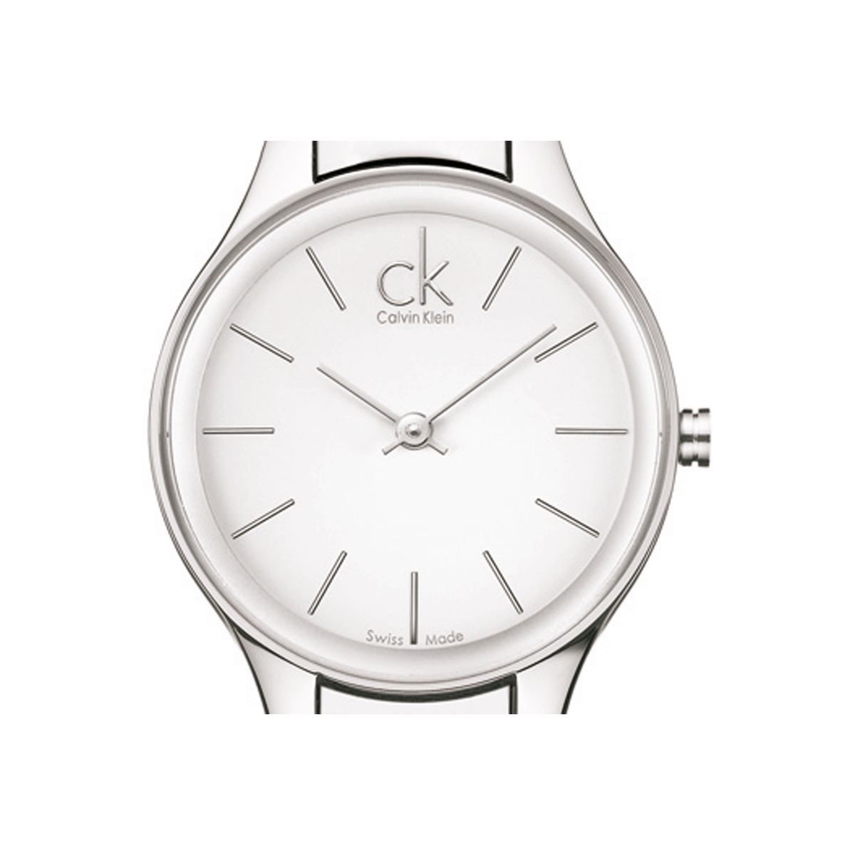 Dial detail of Calvin Klein Simplicity showing white face with silver markers