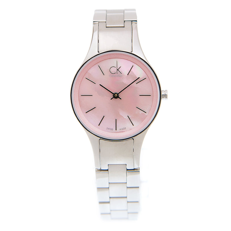 Side angle view of Calvin Klein Simplicity K432314E pink dial women's watch