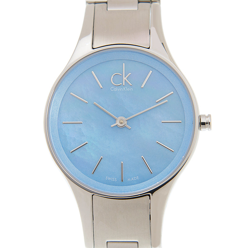 Close-up detail of Calvin Klein Simplicity K432314N blue mother of pearl dial with indices