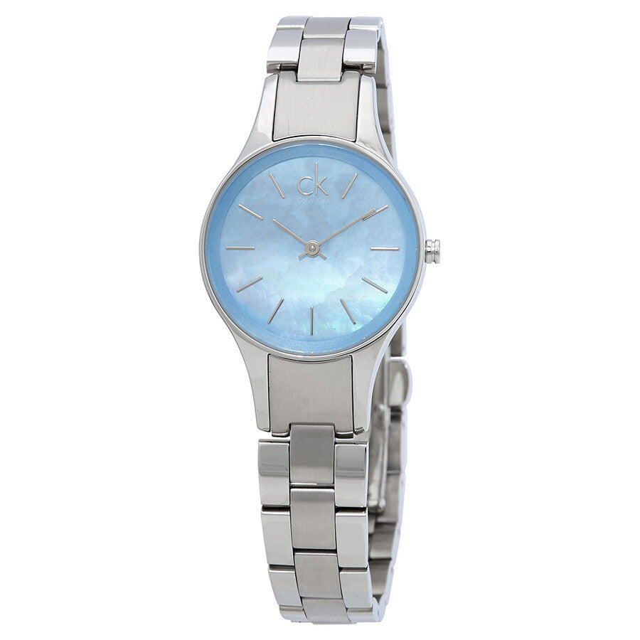 Front view of Calvin Klein Simplicity K432314N ladies watch with blue mother of pearl dial