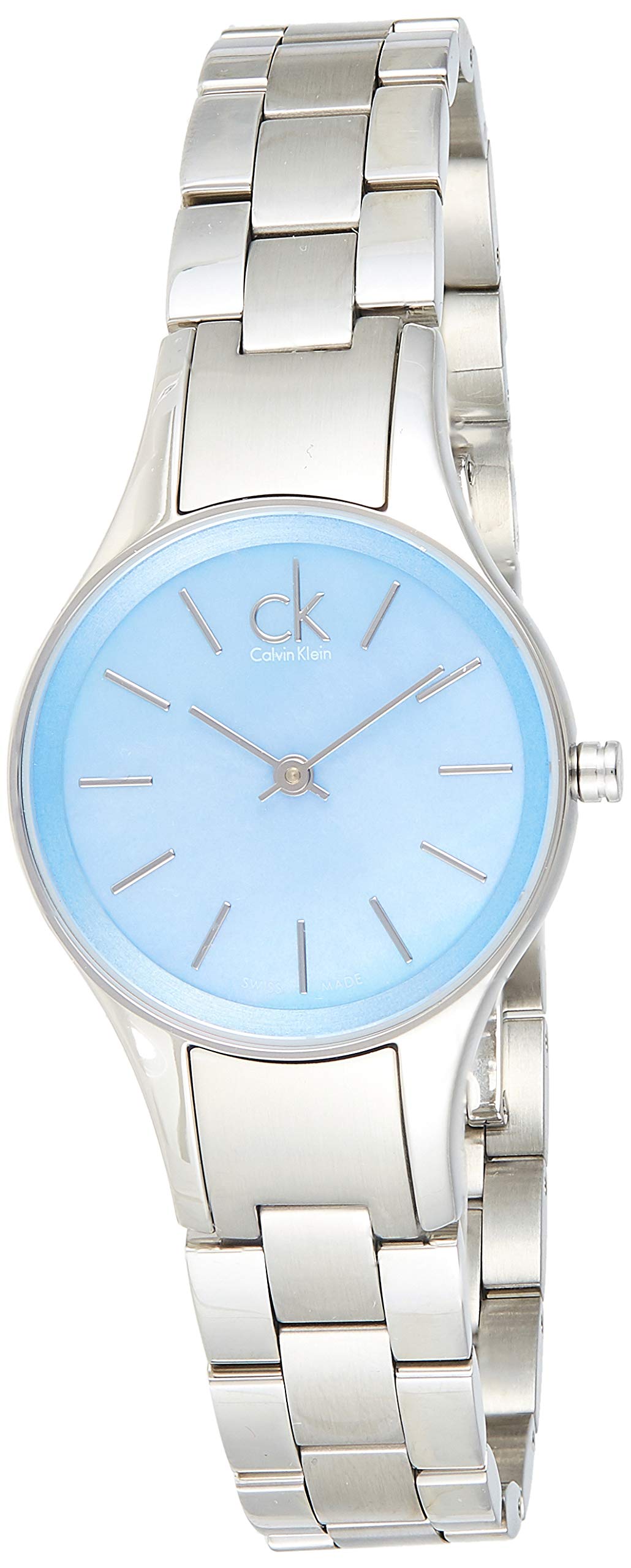 Side angle view of Calvin Klein Simplicity K432314N with stainless steel bracelet