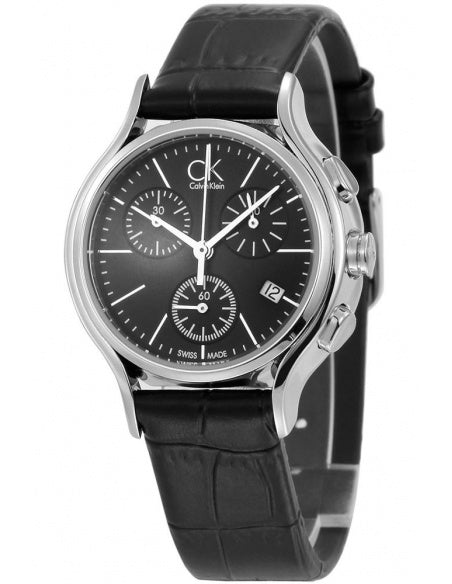 Calvin Klein Skirt chronograph watch at three-quarter angle showing black leather strap