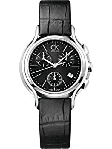 Calvin Klein Skirt K2U291C1 chronograph black dial with silver case and black leather strap