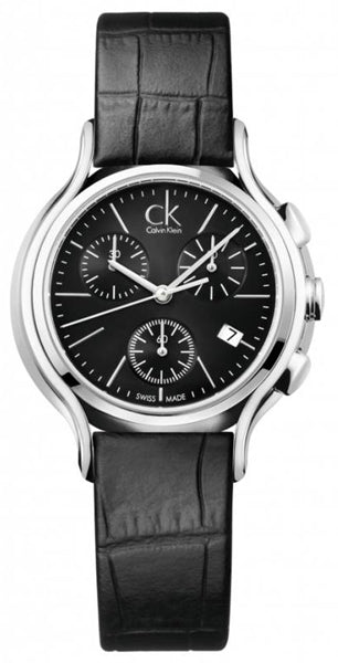 Calvin Klein Skirt Chronograph watch with black dial and black leather strap