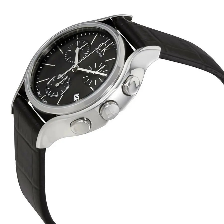 Side view of Calvin Klein Skirt chronograph watch showing silver case and chronograph pushers