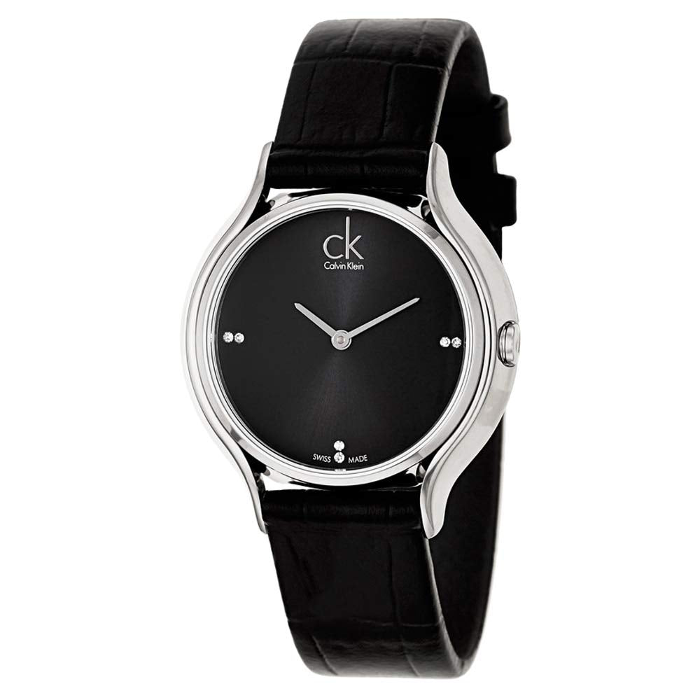 Calvin Klein Skirt watch from angled view with black leather strap