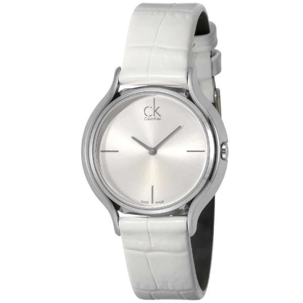 Three-quarter view of Calvin Klein Skirt women's watch with white dial and leather strap