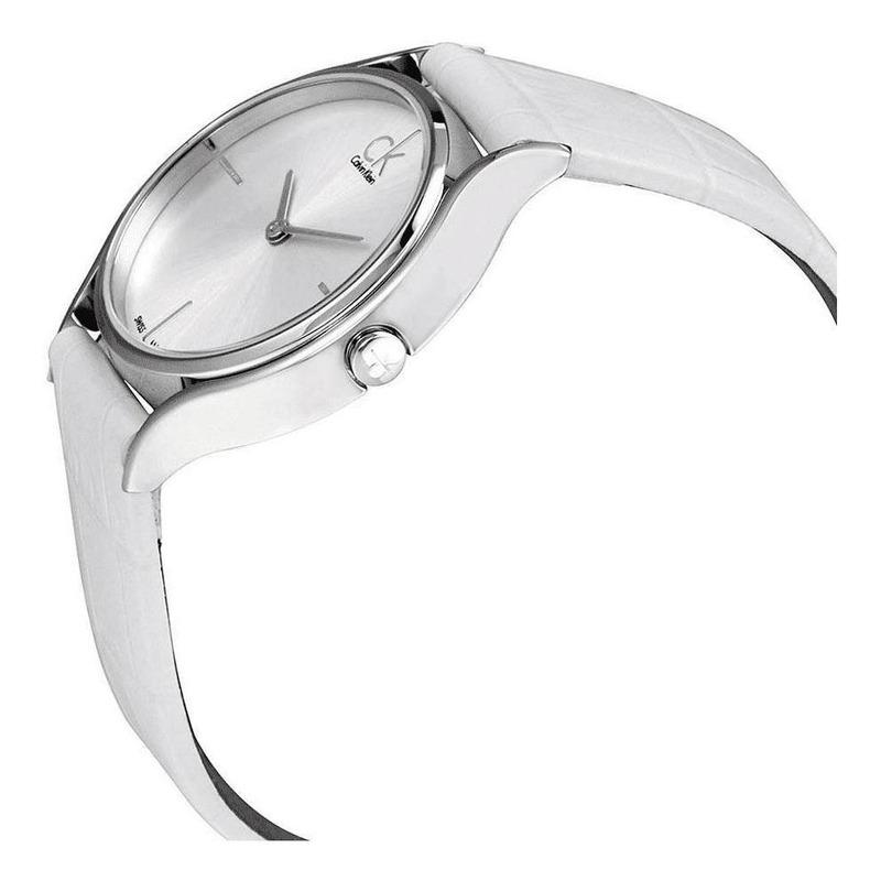 Calvin Klein Skirt watch on wrist showing white dial and band styling