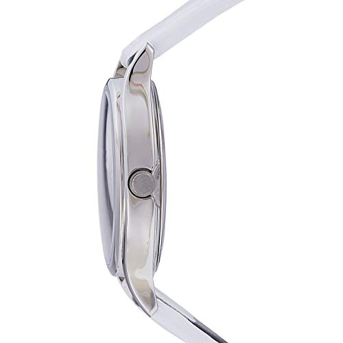 Calvin Klein Skirt watch side profile showing case depth and white leather strap