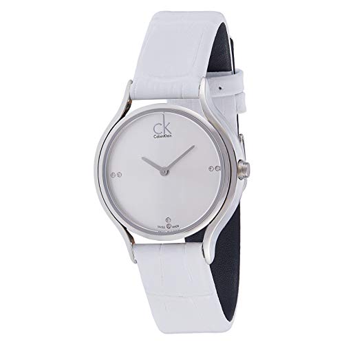 Calvin Klein Skirt watch three-quarter view with white band and minimalist dial