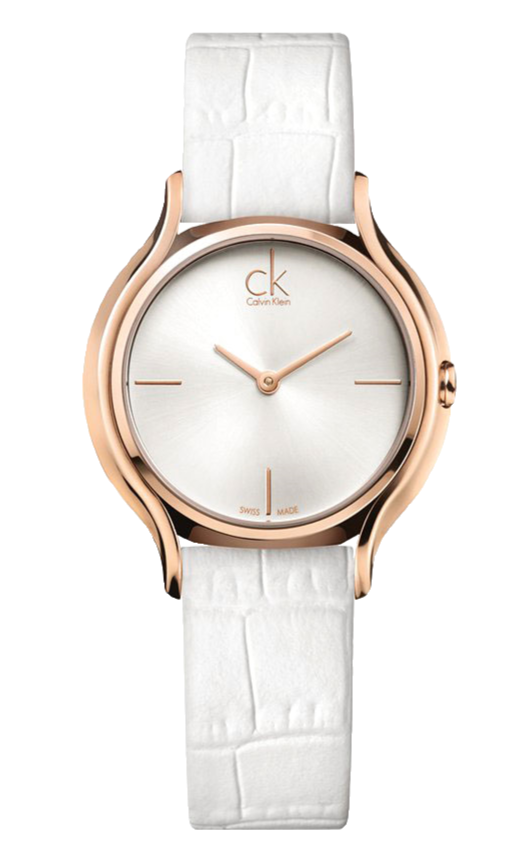 Calvin Klein Skirt watch with white dial, rose gold case, and white quilted leather strap