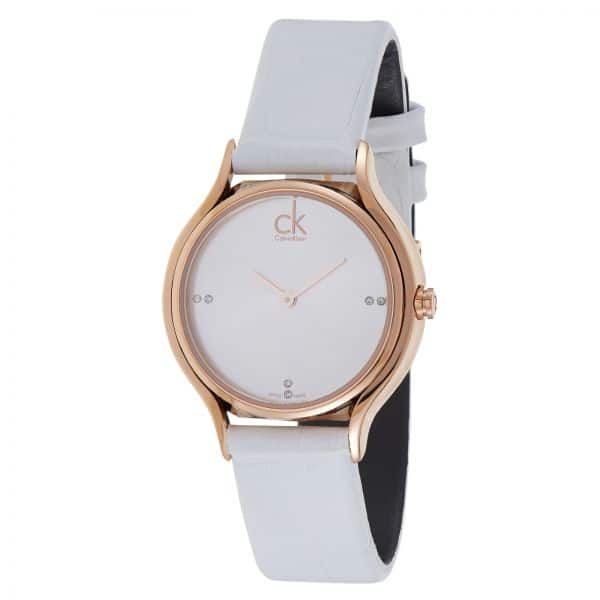 Calvin Klein Skirt watch worn on wrist with white leather strap