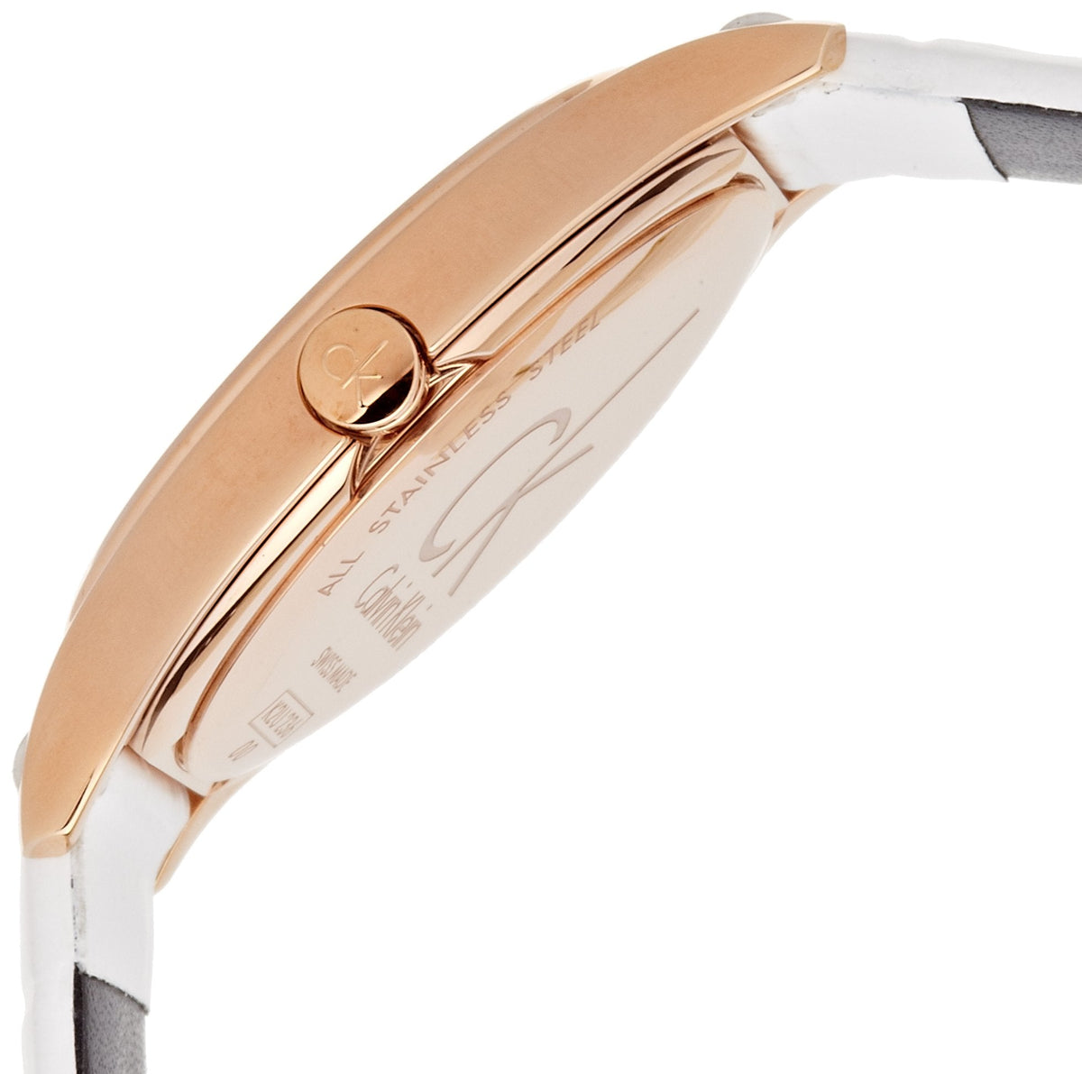 Side profile of Calvin Klein Skirt watch showing rose gold case thickness and crown