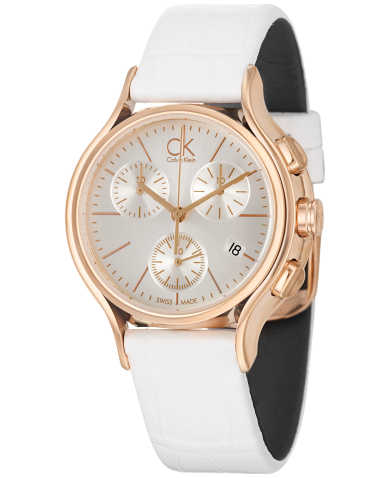 Calvin Klein Skirt chronograph watch angled view showing white strap and rose gold case