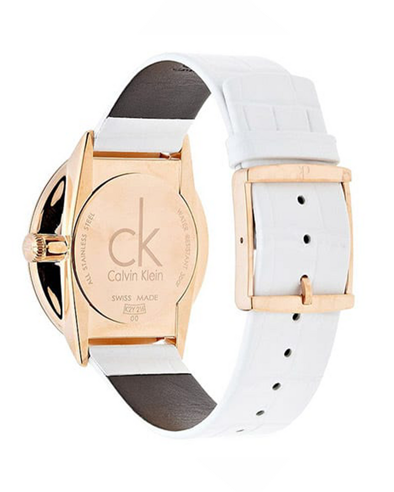 Calvin Klein Skirt watch caseback detail with white and black leather strap visible