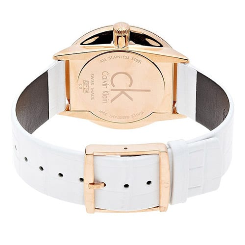 Calvin Klein Skirt watch caseback showing stainless steel and Swiss made text