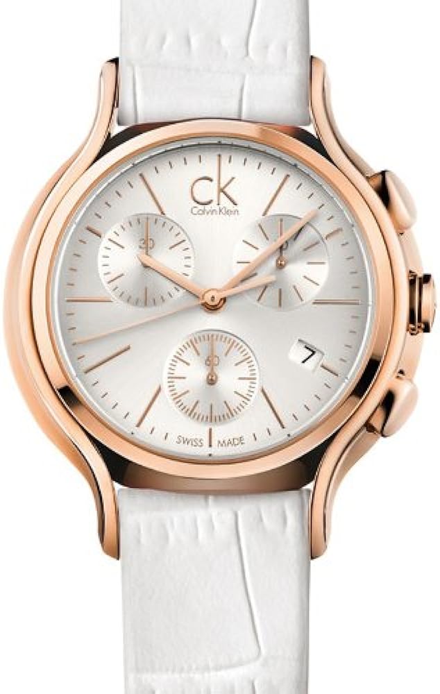 Calvin Klein Skirt chronograph white dial watch with rose gold case and white leather strap