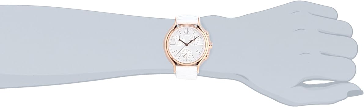 Calvin Klein Skirt chronograph watch displayed on wrist with white dial and rose gold case