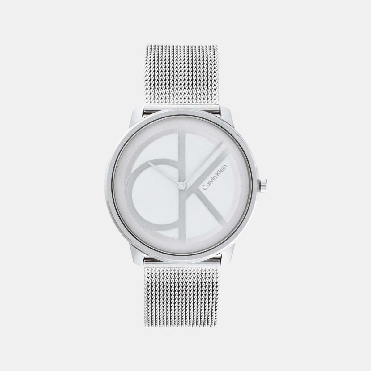 Calvin Klein Stately quartz watch with monogram dial and silver mesh band