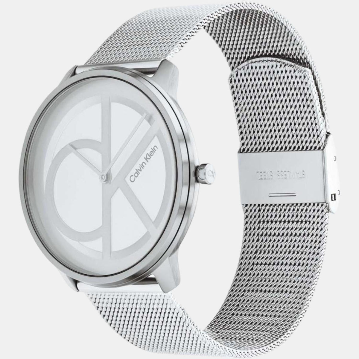 Calvin Klein Stately watch side view with mesh strap and push-button clasp