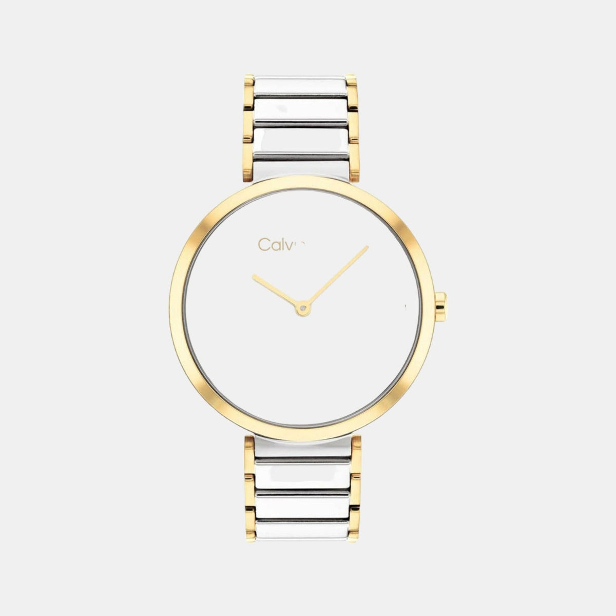 Angled view of Calvin Klein Stately watch showing dial with diamond markers and two-tone bracelet