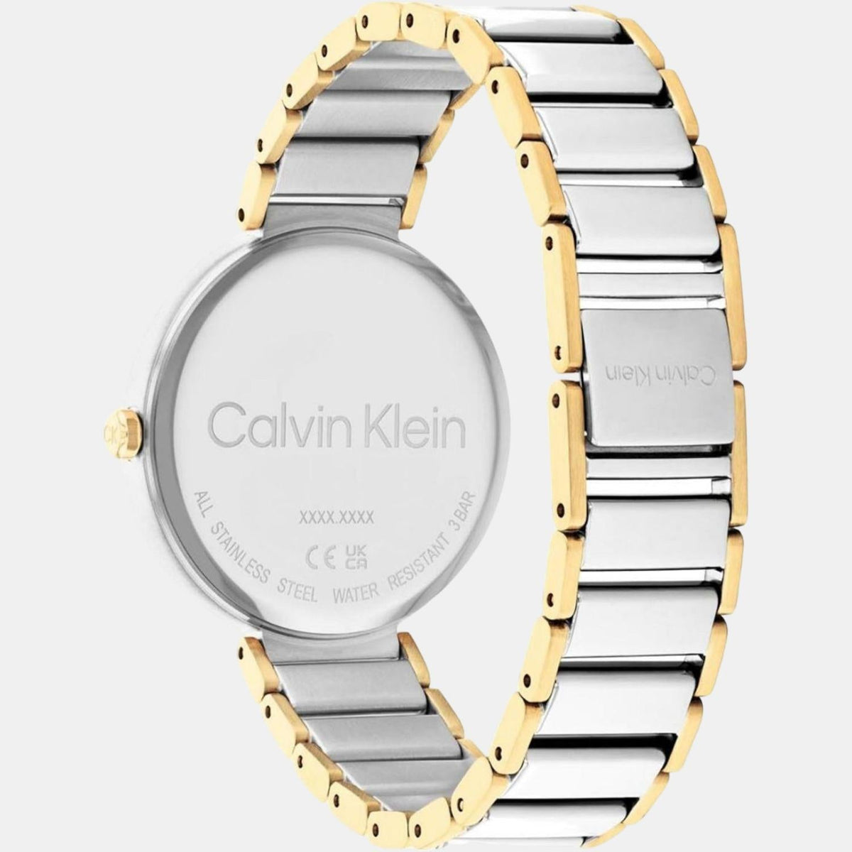 Caseback of Calvin Klein Stately watch with stainless steel visible and engraved Calvin Klein branding