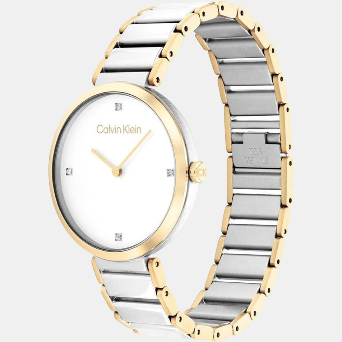 Side profile of Calvin Klein Stately watch displaying two-tone steel and gold bracelet detail