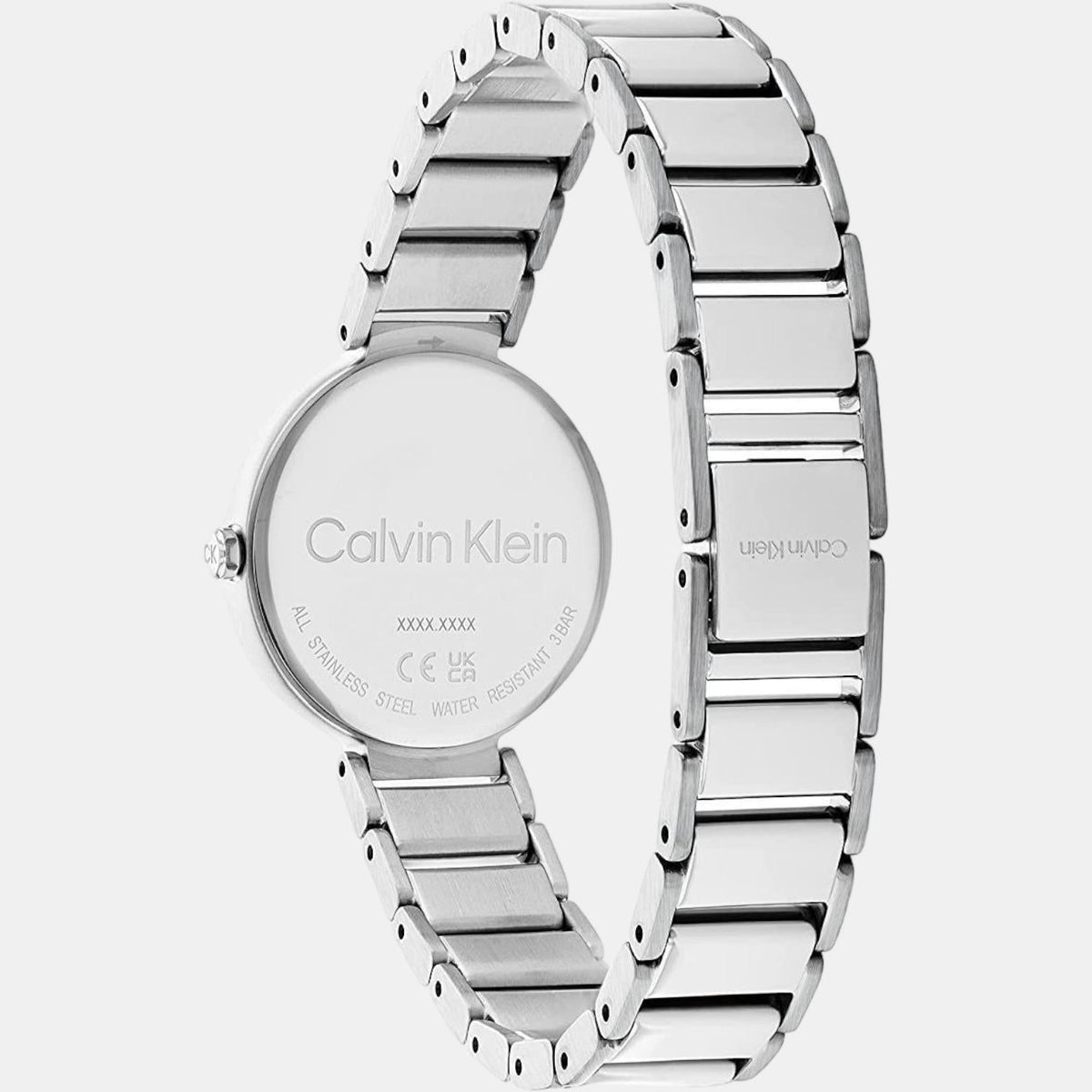 Calvin Klein Stately watch side view displaying silver metal bracelet links
