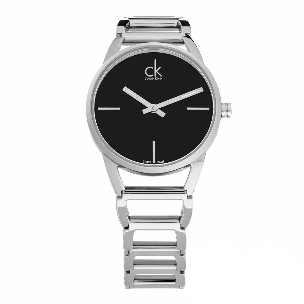 Calvin Klein Stately women's watch displaying black dial with ck logo and silver case