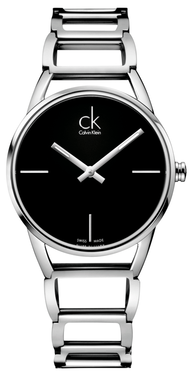 Calvin Klein Stately watch with black dial and silver-tone bracelet, front view