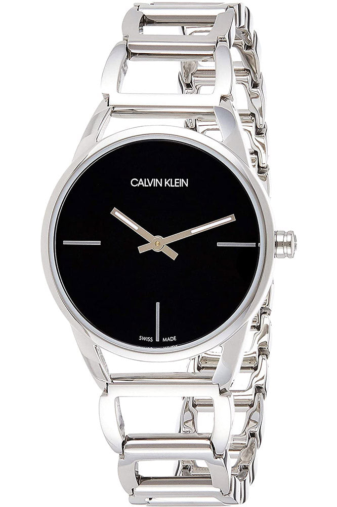 Calvin Klein Stately watch side view showing silver-tone bracelet and case profile