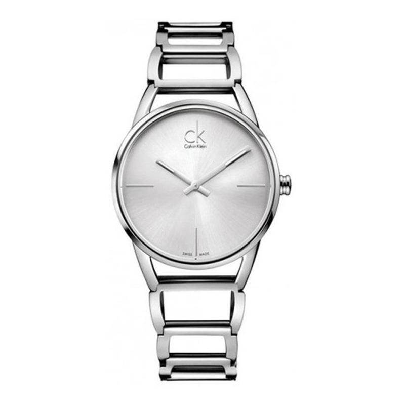 Calvin Klein Stately women's watch front view with minimalist silver dial