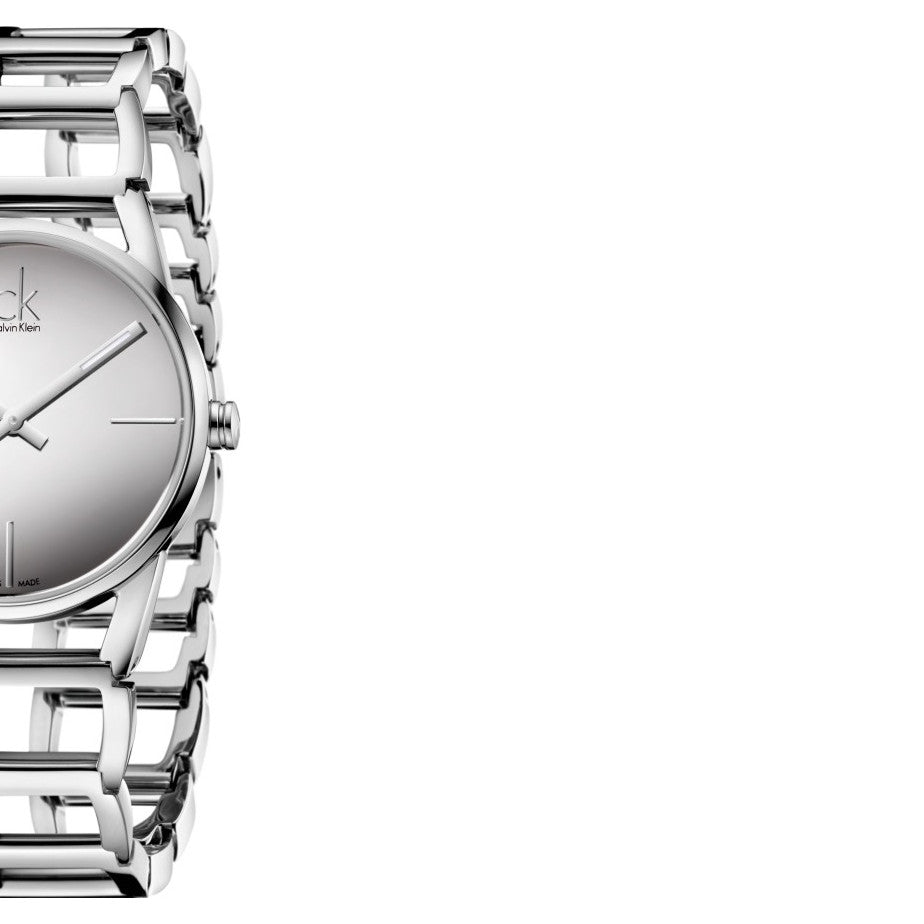 Side profile view of Calvin Klein Stately watch case and steel bracelet