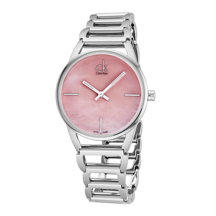 Calvin Klein Stately K3G2312E angled view showing pink dial and silver bracelet