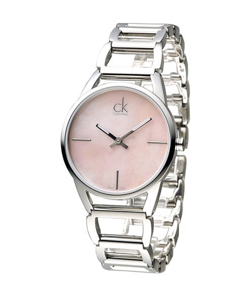 Calvin Klein Stately K3G2312E angled view with pink mother-of-pearl dial