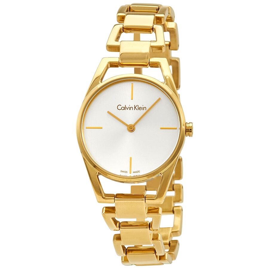 Calvin Klein Stately women's watch showing gold tone case and strap at angle