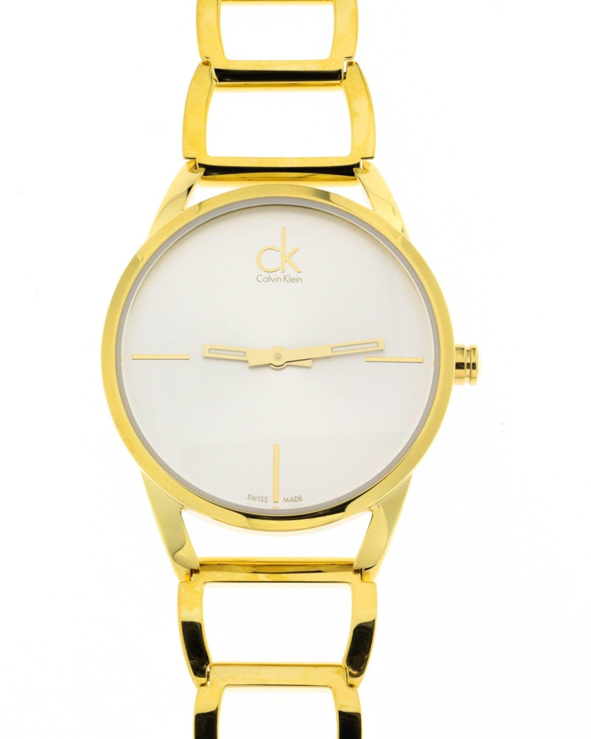 Calvin Klein Stately watch dial detail with minimalist silver face and gold hour markers