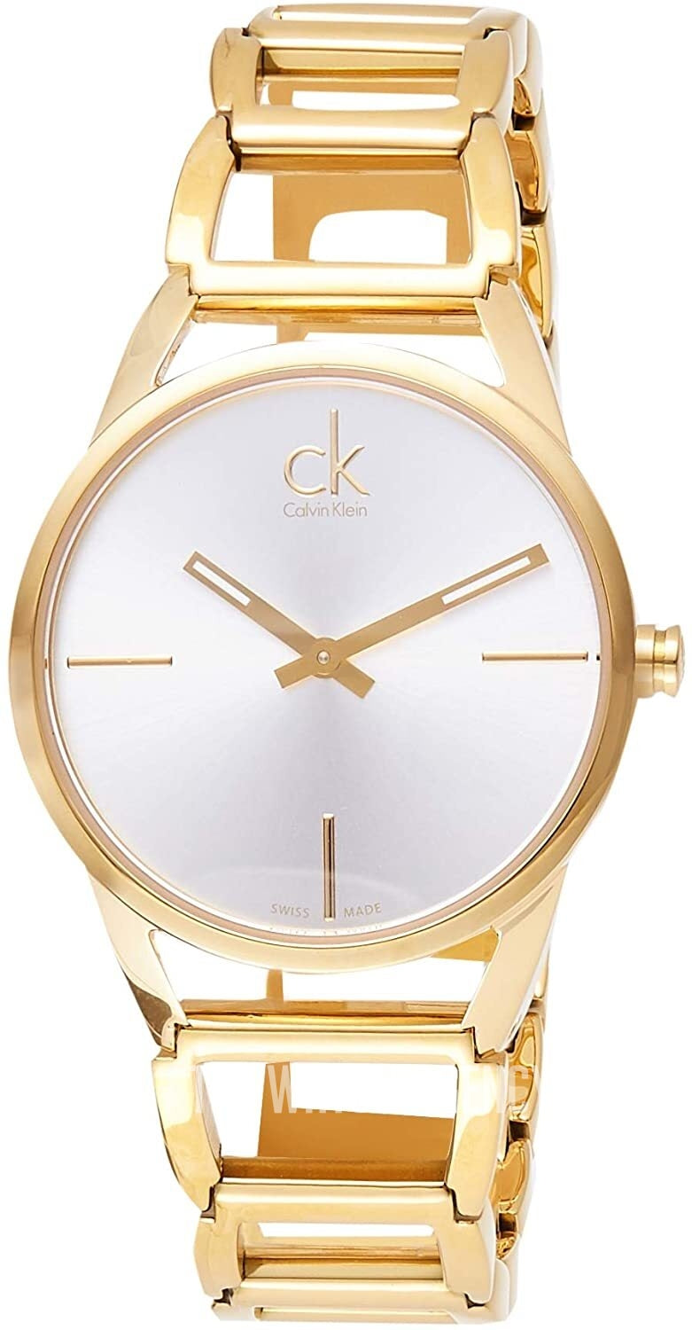 Calvin Klein Stately women's watch front view with silver dial and gold steel case