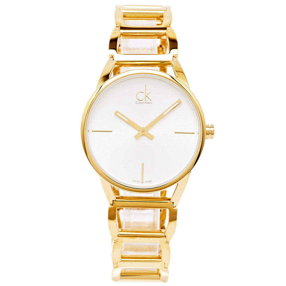 Calvin Klein Stately women's watch front view on white background showing gold strap